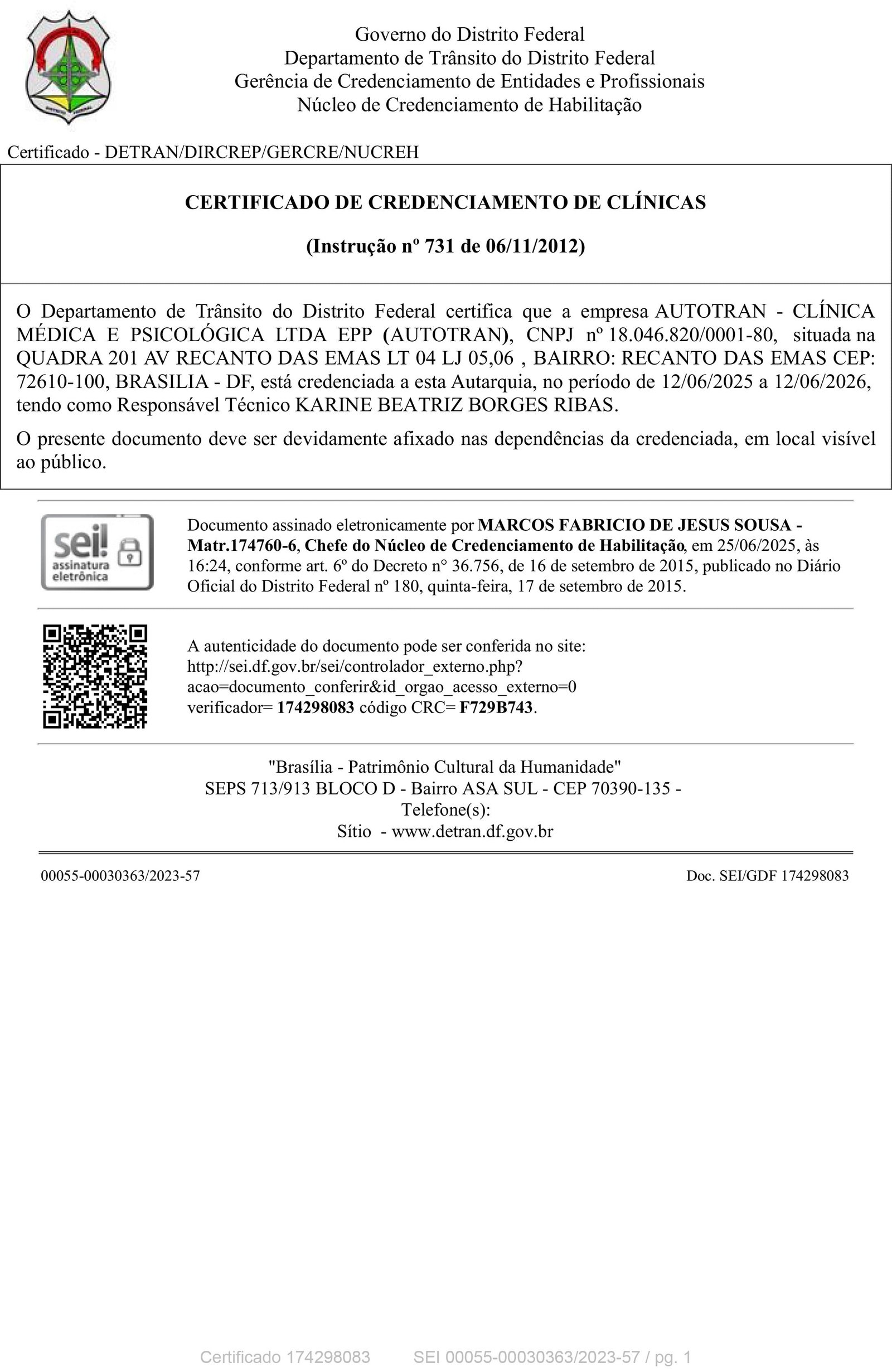 Certificado de Credenciamento DETRAN-DF — Clínica SOS Motorista